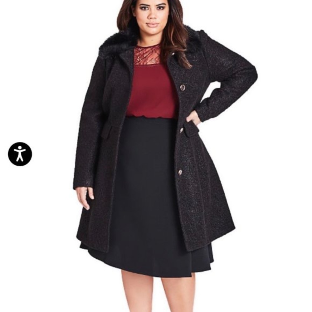 City Chic Black Winter Rose Coat with Faux Fur Collar Plus Sz 16 Women's Winter